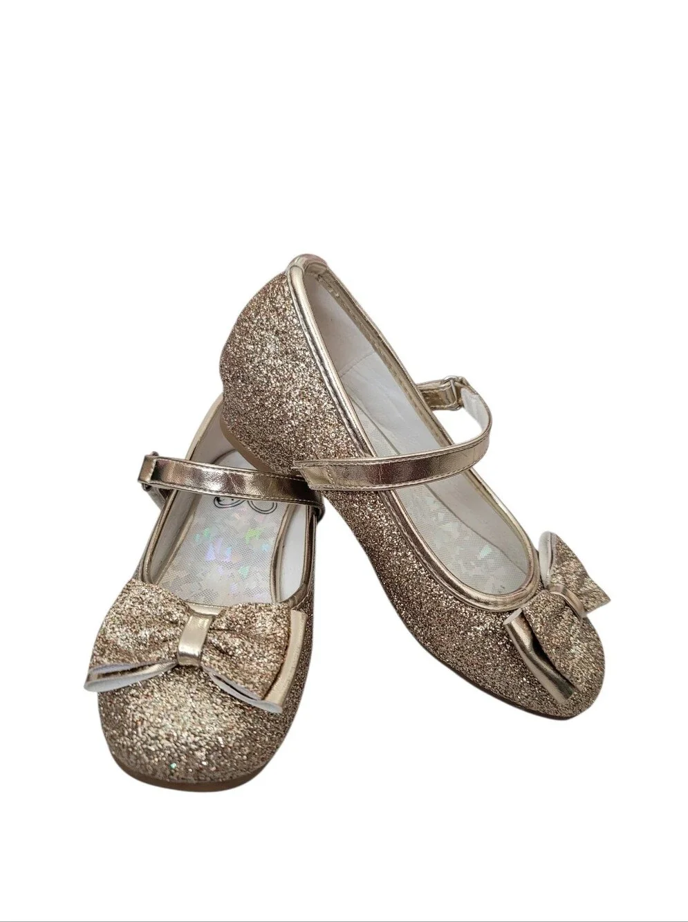 Girls 12 Gold Glitter Metallic Shimmer Wedding Shoes Party Formal Bow Stelle